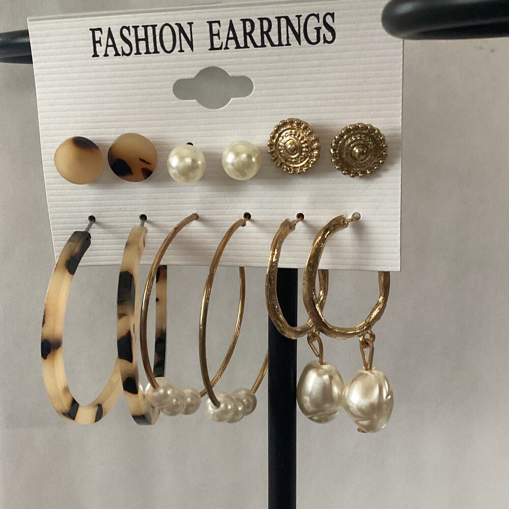 4347 NIP 6 Pair Goldtone Faux Pearls Hoops Contemporary Drop Earrings Studs